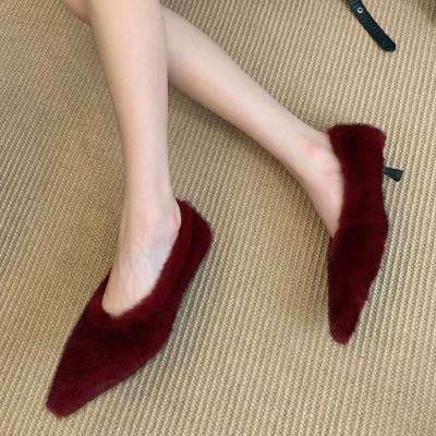 Autumn Winter Pointed Toe Warm Short Plush Women Shoes Elegant Kitten Heels  Shoes Ladies Loafers Backless Dress Pumps