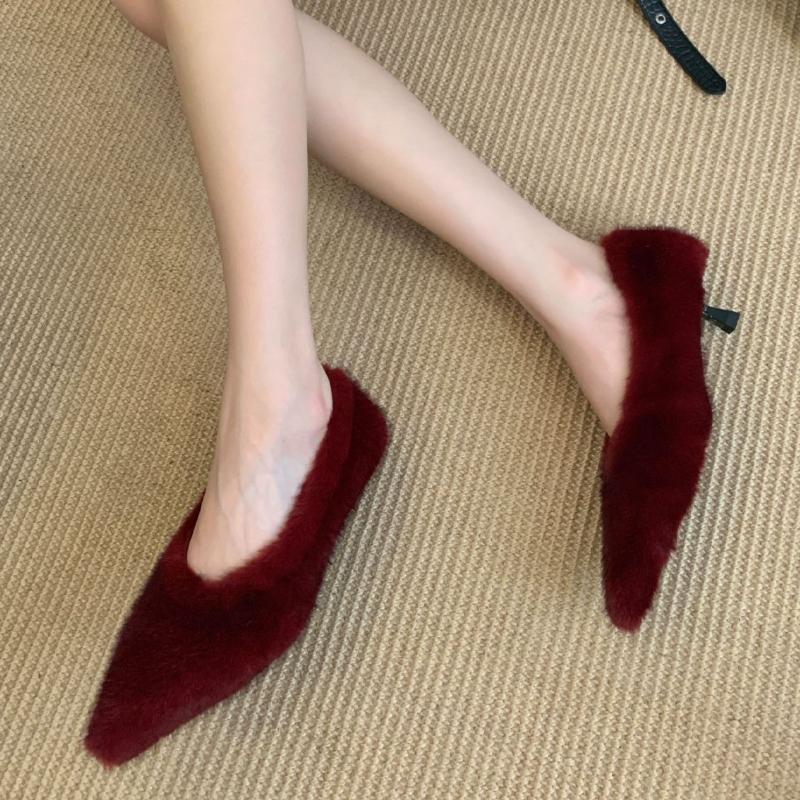 

Autumn Winter Pointed Toe Warm Short Plush Women Shoes Elegant Kitten Heels Shoes Ladies Loafers Backless Dress Pumps 39 бордовий