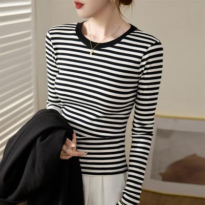 High-quality Black and White Striped T-shirt Women's Cotton Autumn and Winter New Slim-fit Shoulder Coat Long-sleeved Base Shirt