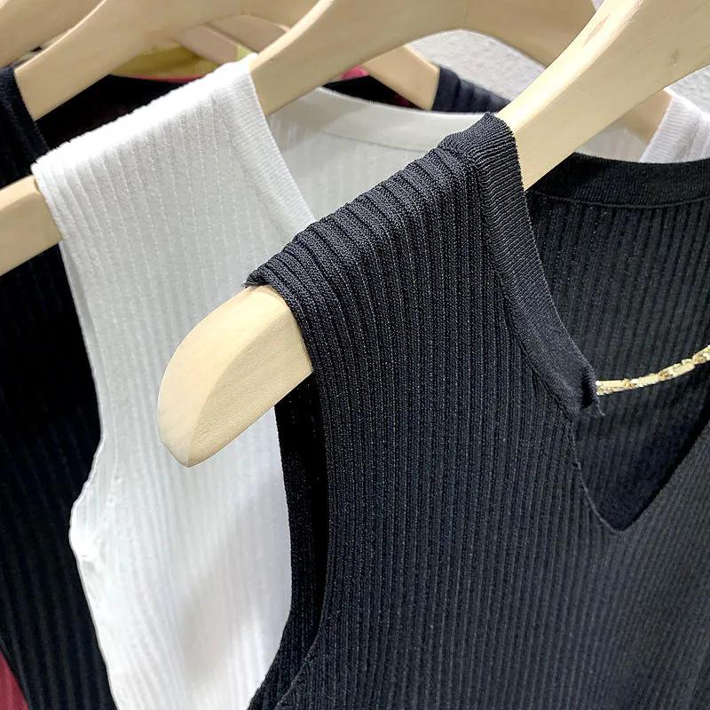 WTEMPO Women's Solid Color Large Size Ice Silk Vests Casual Versatile V-neck Tank Tops Sleeveless Base Bottoming T-shirts