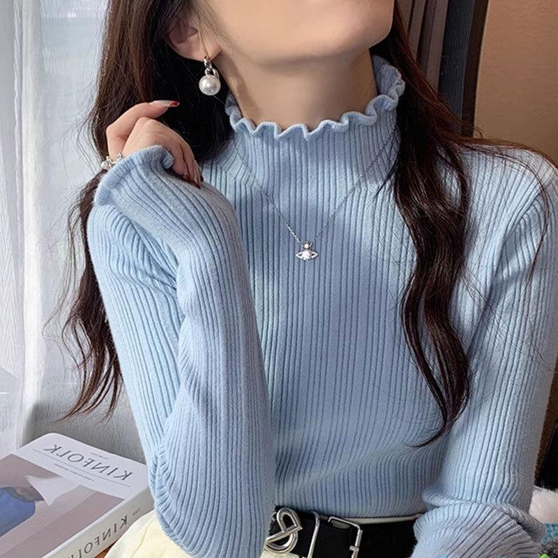 

Супер красивая женская осенне-зимняя базовая рубашка с фестончатым краем и белым вязаным свитером, свитер с полувысоким воротником One size fits all [recommended 80-60kg] синий