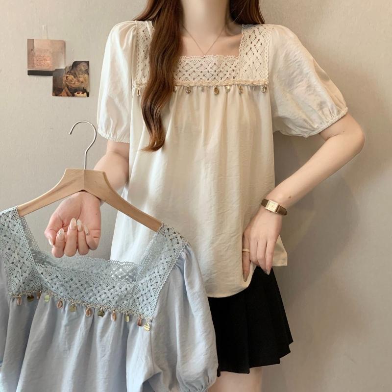 Square Neck Women's Short Sleeved Tees Chic Collar Design Versatile T-shirts Korean Sweet Style Ladies Clothing