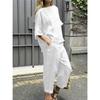Damen 2-teiliges Leinen-Outfit-Set Bootausschnitt Halbarm Taschen-Oberteile Weite Cropped-Hosen Lässiger Sommer-Loungewear-Anzug