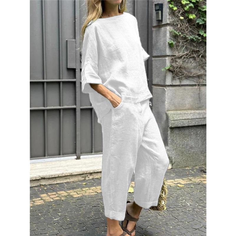 Damen 2-teiliges Leinen-Outfit-Set Bootausschnitt Halbarm Taschen-Oberteile Weite Cropped-Hosen Lässiger Sommer-Loungewear-Anzug