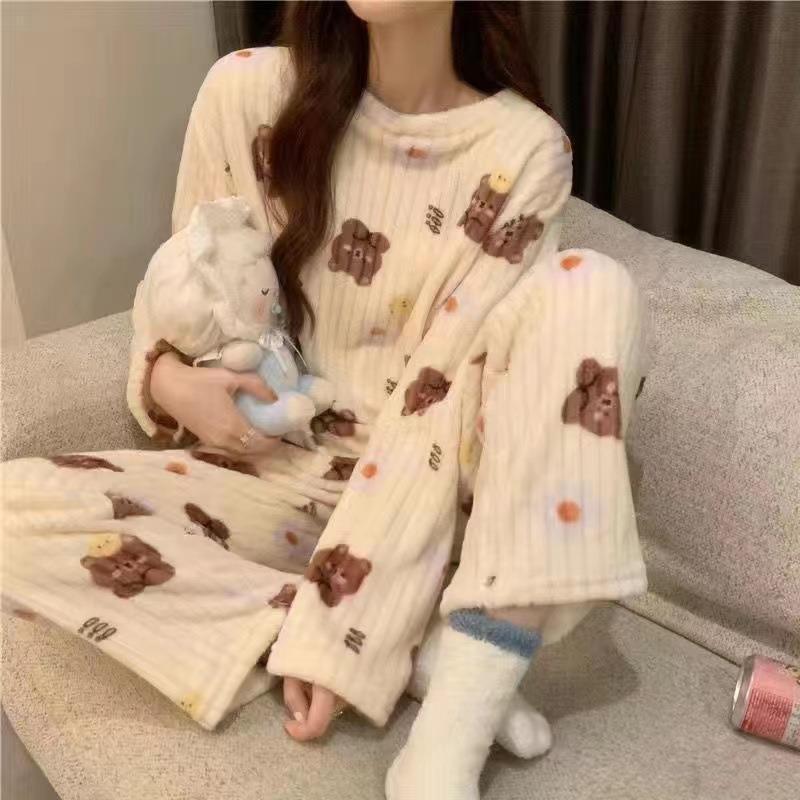 Autumn Winter NEW Flannel Women Thermal Thickened Pajamas Set Loose Cute Cartoon Print Home Suit Two-piece Set For Women Pajamas