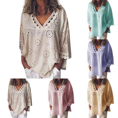 Women HalfSleeve Cotton Linen Hollow Out Lace Patchwork Lady T-Shirt Blouse Tops