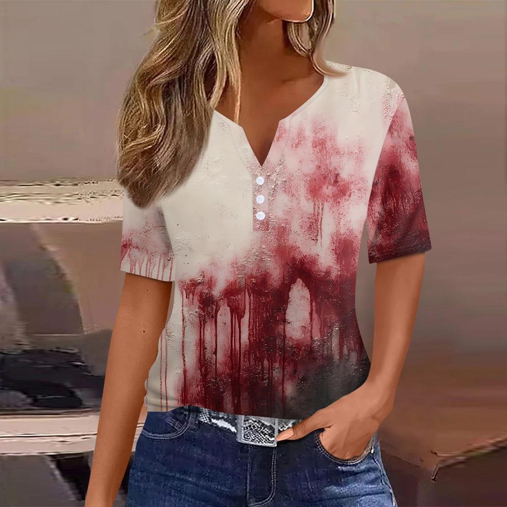Women's T Shirt Halloween Print Button Short Sleeve Daily Weekend Fashion Basic V- Neck Regular Top