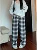 Women's High-Waisted Fleece-Lined Wide-Leg Plaid Pants for Autumn and Winter