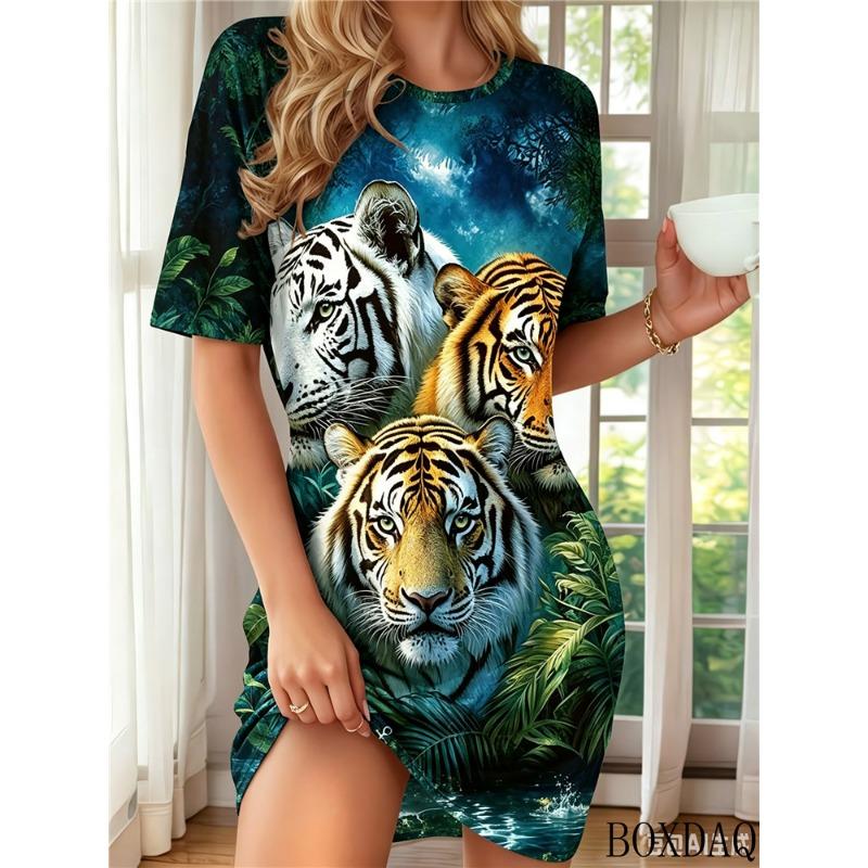 Summer Women's Home Dresses Casual Short Sleeved Round Neck Tiger Loose Dress