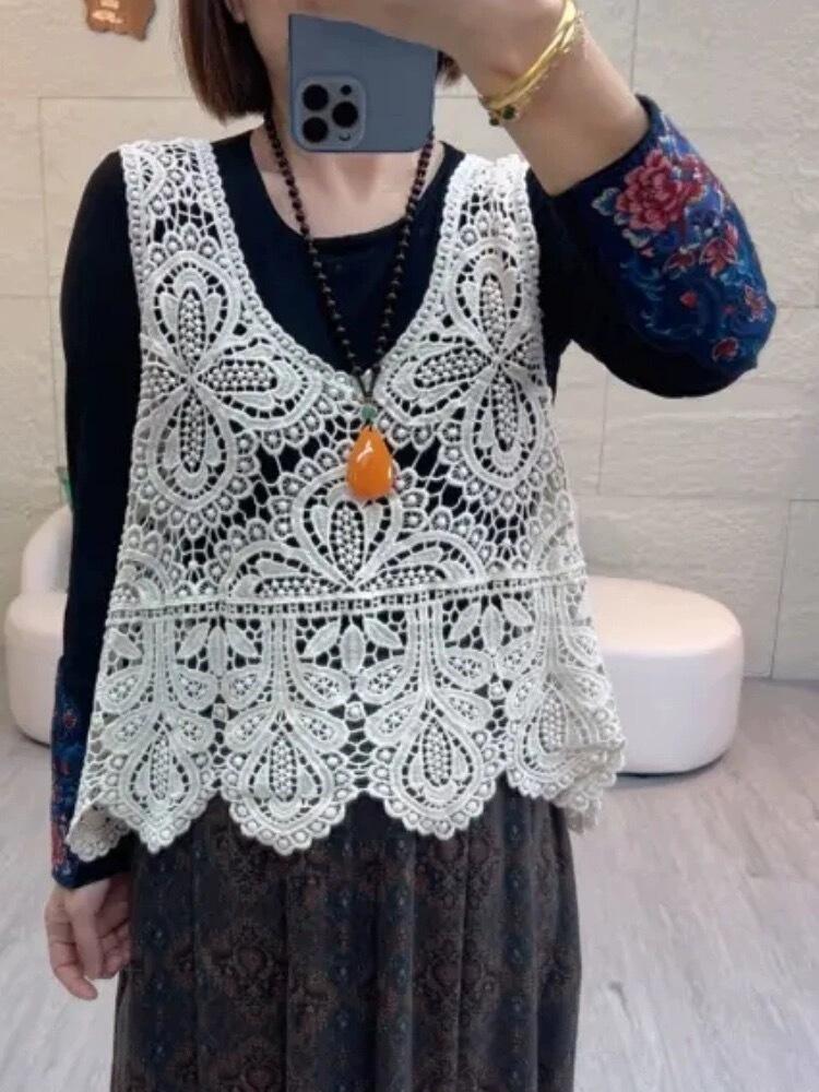 Z2005 Spring and Autumn Series Temperament Lace Embroidery, Vest Wear Foreign Style Loose and Thin Stacked Cotton Thread Vest