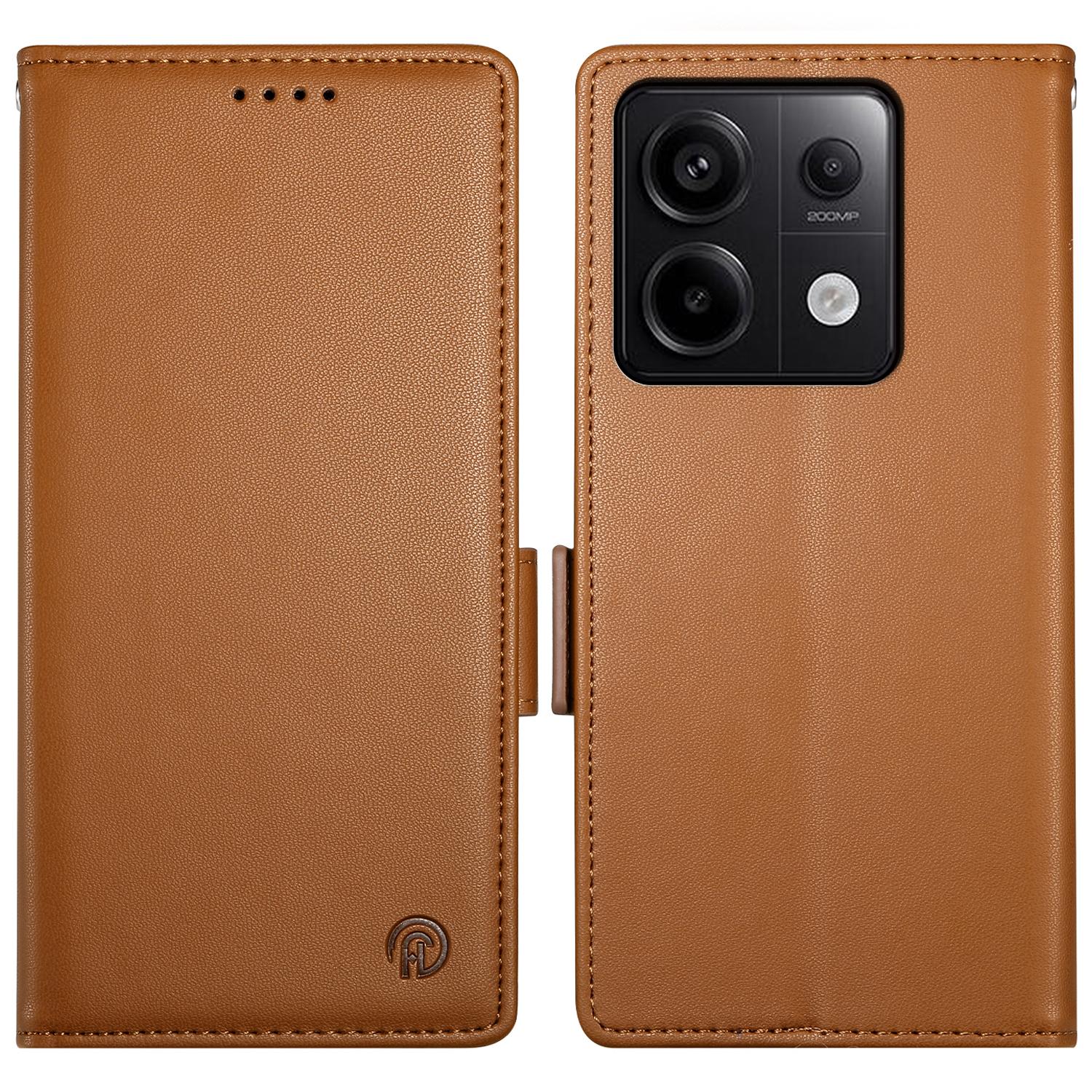 

DF-010 For Xiaomi Redmi Note 13 Pro 5G/Poco X6 5G Case Leather Wallet Cover Dual Magnetic Clasps Brown
