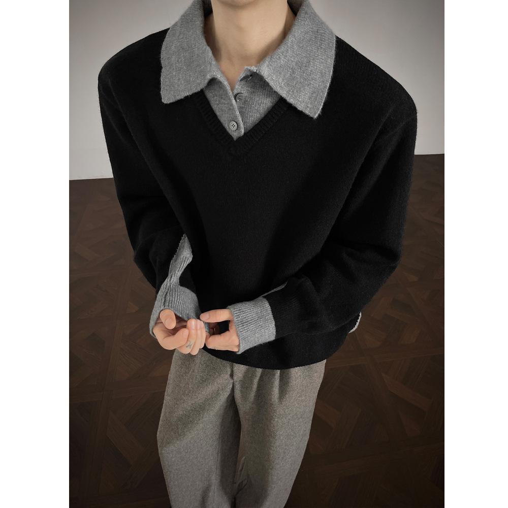 

Men s Winter Faux Two-Piece Sweater: Thick, Warm, Trendy Long Sleeve Polo Collar Knitwear Medium чорний