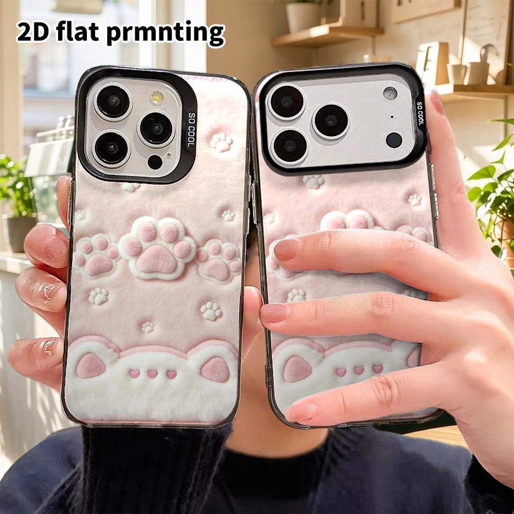 Phone Case: 2D Flat Design Suitable for iPhone 18 17 16 15 14 13 Pro, Colorful Silver Protective Case, Couple Style, Pink Cat Paw, Christmas and Hallo