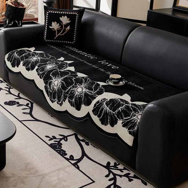 1PC Chenille Sofa Cover for Living Room Black Flower Shaped Sofa Towel Nordic Non Slip Couch Covers L Shaped Sofa Mat Seat Pad