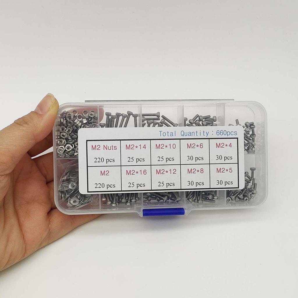 304 Stainless Steel M2 Hex Socket Cylindrical Head Screws, 660pcs Box.