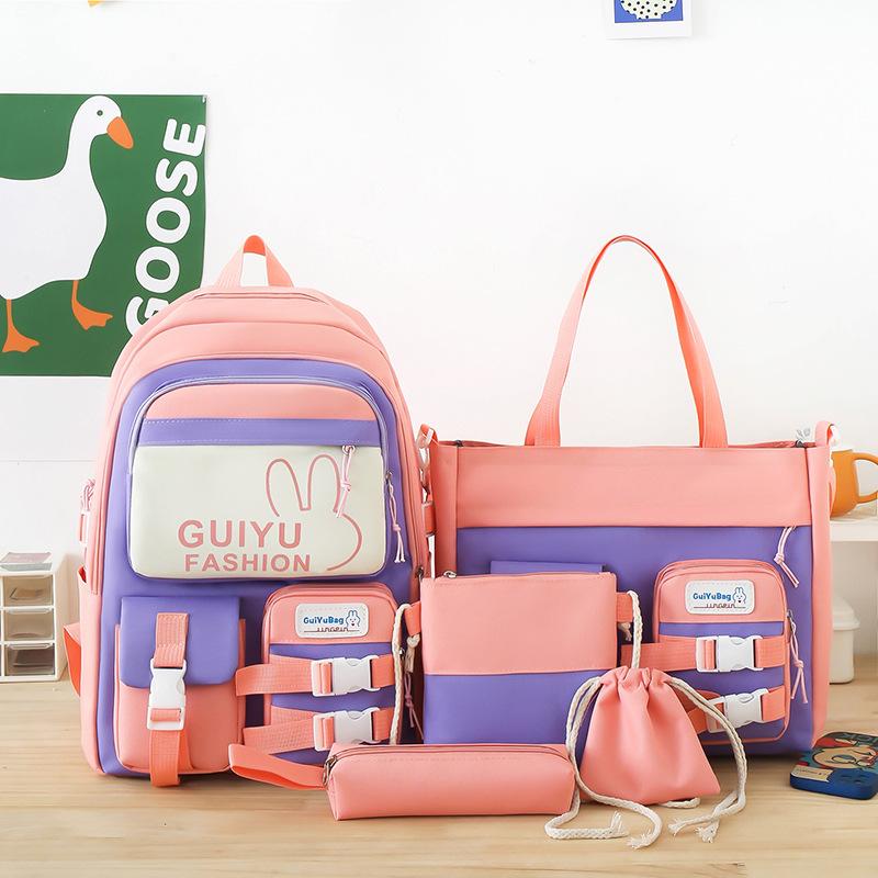 

New backpack cartoon cute primary school schoolbag five-piece set junior high school student backpack рожевий