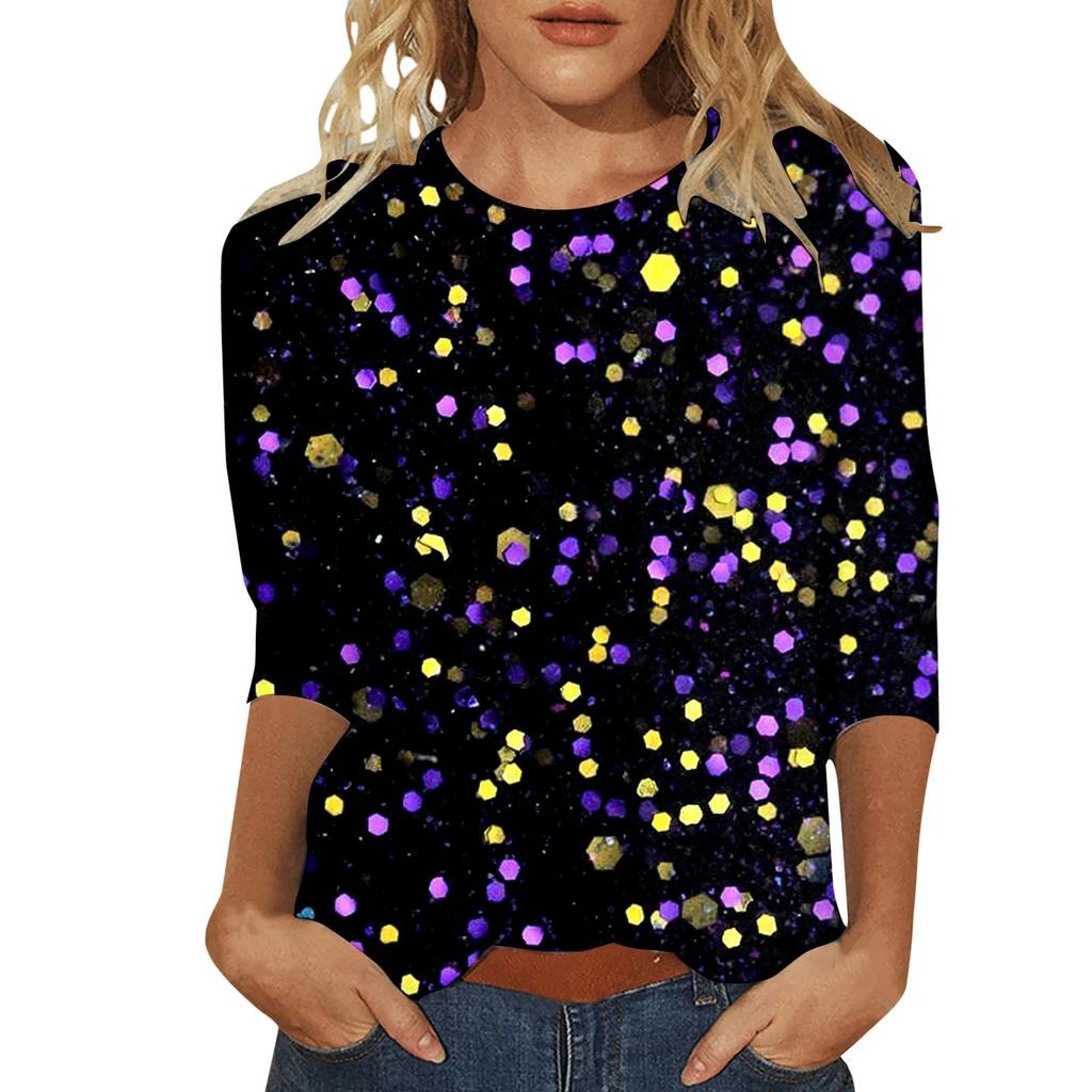 Spring and Autumn Round Neck 3D Glitter Pattern Printed Top Fashionable Casual Long Sleeved Women's T-shirts