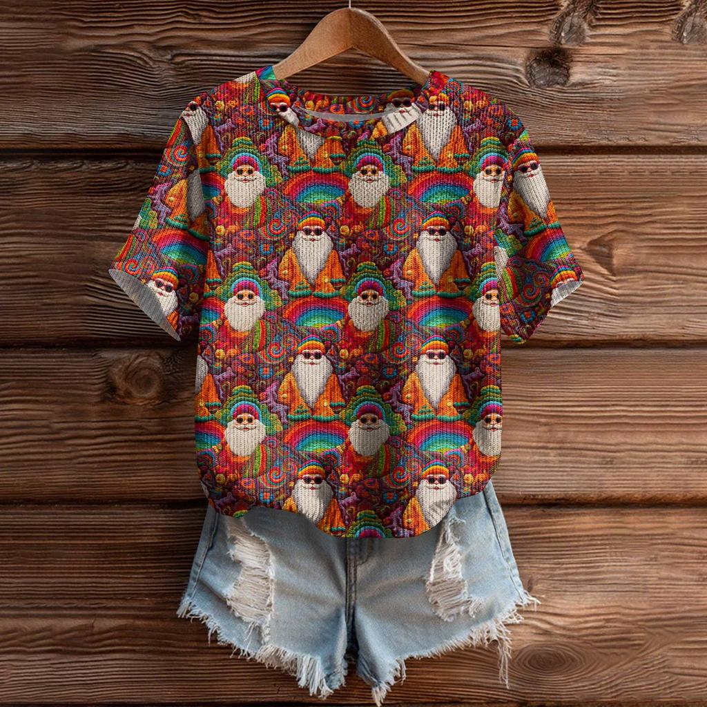 Women's Cute Sweater Knitted Fashion Casual Round-neck Short-sleeved  Cozy Print Top