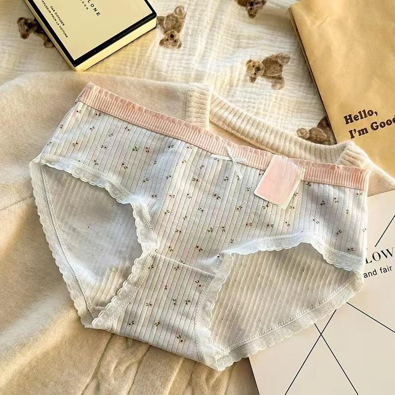 Damen Baumwollunterwäsche Sexy Spitze Slips Mädchen Blumenfaden Slips Mittelhoch Nahtlose Unterhosen Damen Lingerie