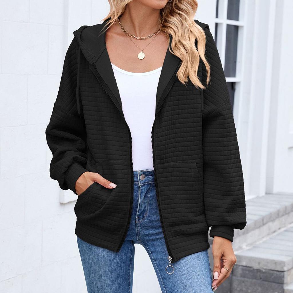 Women's Fashionable Solid Color Zipper Long Sleeved Hooded Pocket Sweatshirt Jacket