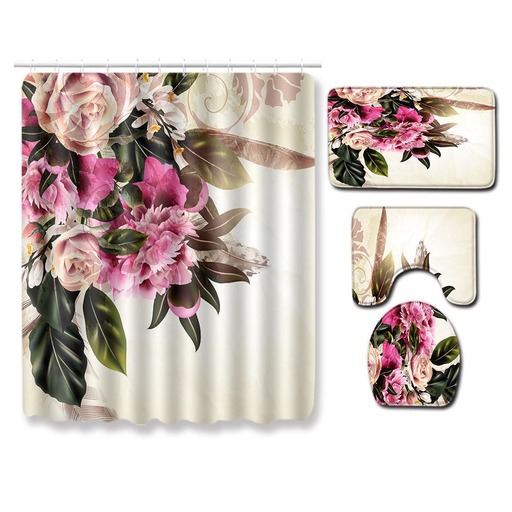 Painted Flowers Bathroom Shower Curtain Floor Mat Toilet Cover Foot Mat Four-Piece Pattern Size Fixed Zhi