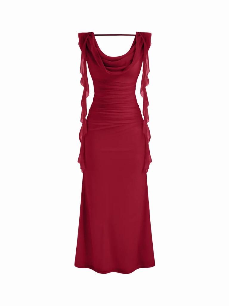 Women's Clothing Summer High-end Mesh Exquisite Dress, Swinging Collar Backless Streamer Design, Slim and Thin Temperament Long Dress