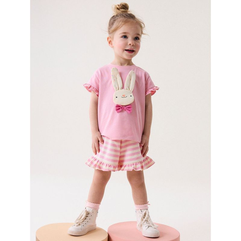 Girl Wooden Ear Pink Stereo Rabbit Short-Sleeved T-shirt Shorts Two-piece Set Baby Pure Cotton Summer Dress Kids Suit 6