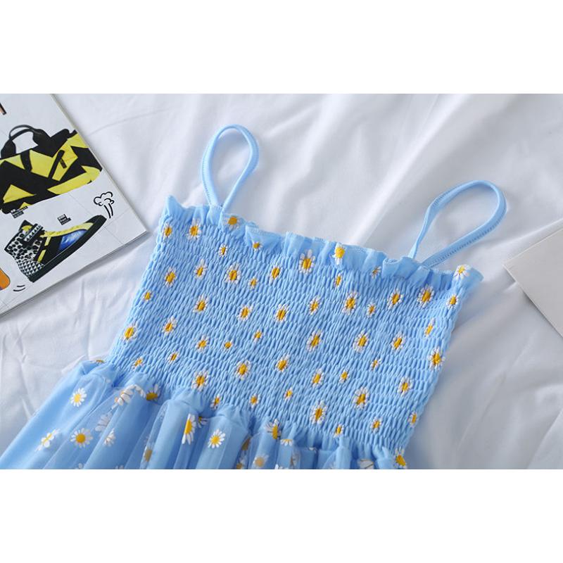 Women's Fashion Daisy Printed Mesh Dress Summer Double Elastic Waist Holiday Suspender Dress Beach Skirt