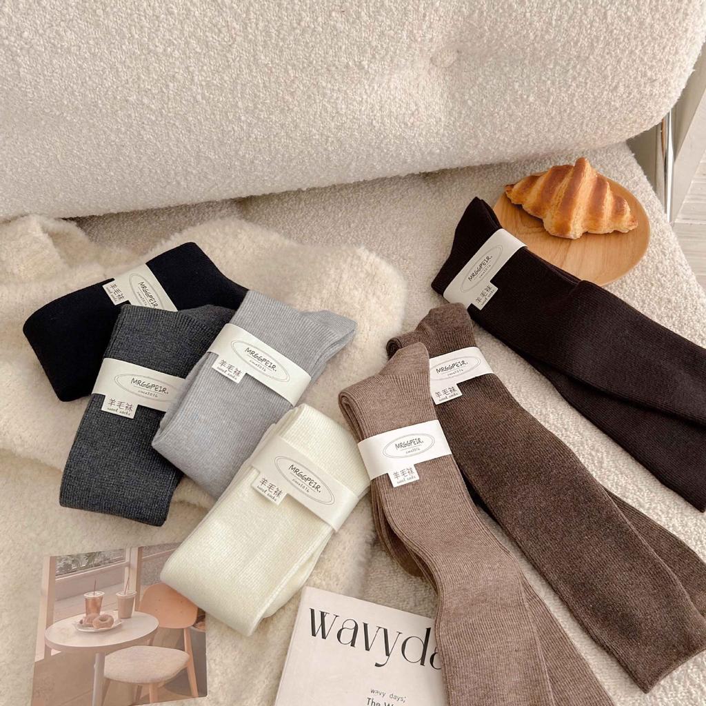 Solid Color Wool Calf Socks Warm Socks Thin Strip Coffee-Colored Long Tube Thickened Soft Waxy And Thin Stacking Socks