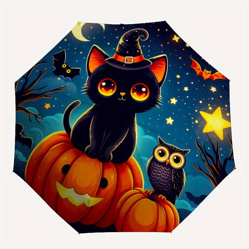 1pc Starry Sky Cat and Owl Halloween Automatic Open/CloseUmbrella-CuteUmbrella with Cute Design, Portable 3-Fold Compact Umbrella for Men & Women