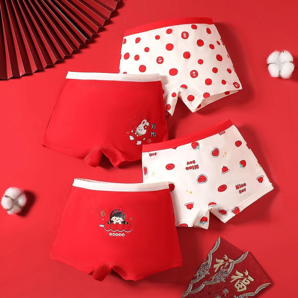 Festive Red Girls' Boxer Briefs: Antibacterial Pure Cotton, Colorfast, Full Cotton Crotch, Chinese New Year Theme