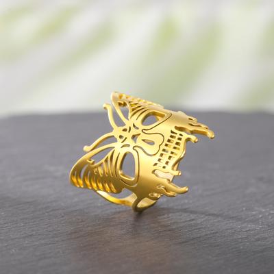 Stainless Steel Ghost Face Butterfly Ring 18K Gold Plating Exaggerated Dark Style Halloween Jewelry