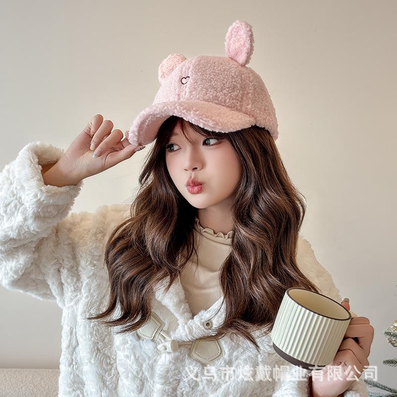 Hat Female Autumn Winter Hairy Thickened Warm Cap Rabbit Ears Cute Versatile Embroidered Baseball Cap