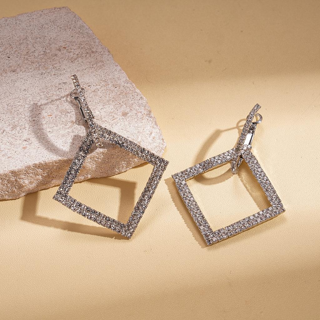 Light luxury style diamond-set square geometric silver needle earrings fashion earrings temperament earrings