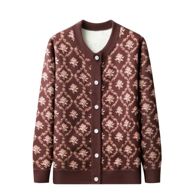 Middle-aged Autumn New Velvet Knitted Sweater Jacket Female Grandma Thickened Top Year-old 0 Crew Neck Cardigan Sweater