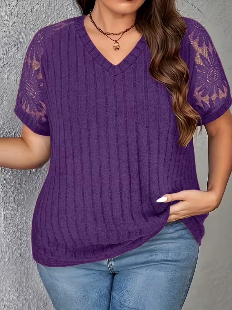 

2026 Spring/Summer Plus Size Women s V-neck Lace Patchwork Short Sleeve Top 2XL фіолетовий