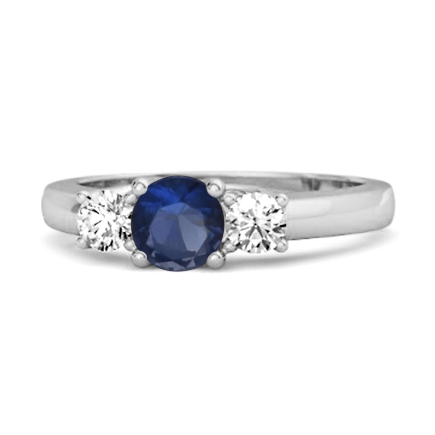 Blue Sapphire Round Three Stone Ring - 925  Sterling Silver 6 белый