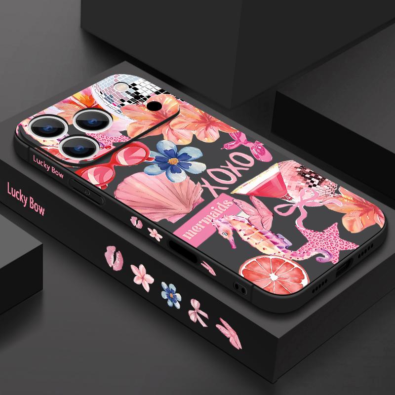 For iPhone 17 Pro Max Case Pink Cartoon Floral Pattern Soft Silicone Lanyard Cover For iPhone 16 Pro Max Cover iPhone 15 14 13 12 11 16E Air