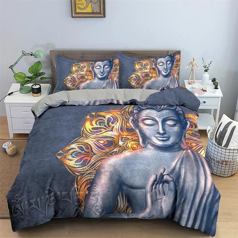 Mandala Buddha Duvet Cover Set King Size Exotic Ethnic Bohemian Bedding Set Golden Black Lotus Flowers Print Gorgeous Women Men