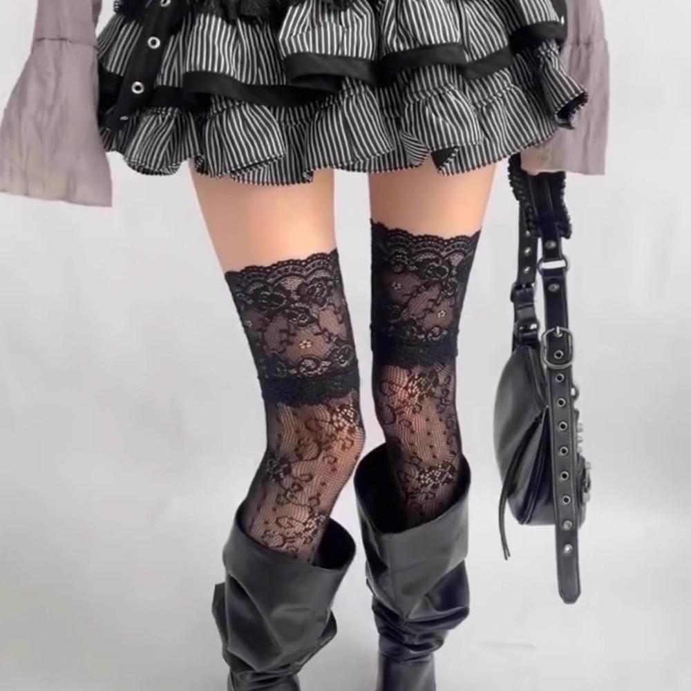 Breathable Lace Trim Stockings Floral Over The Knee Socks Sweet Thigh High Long Socks Girl