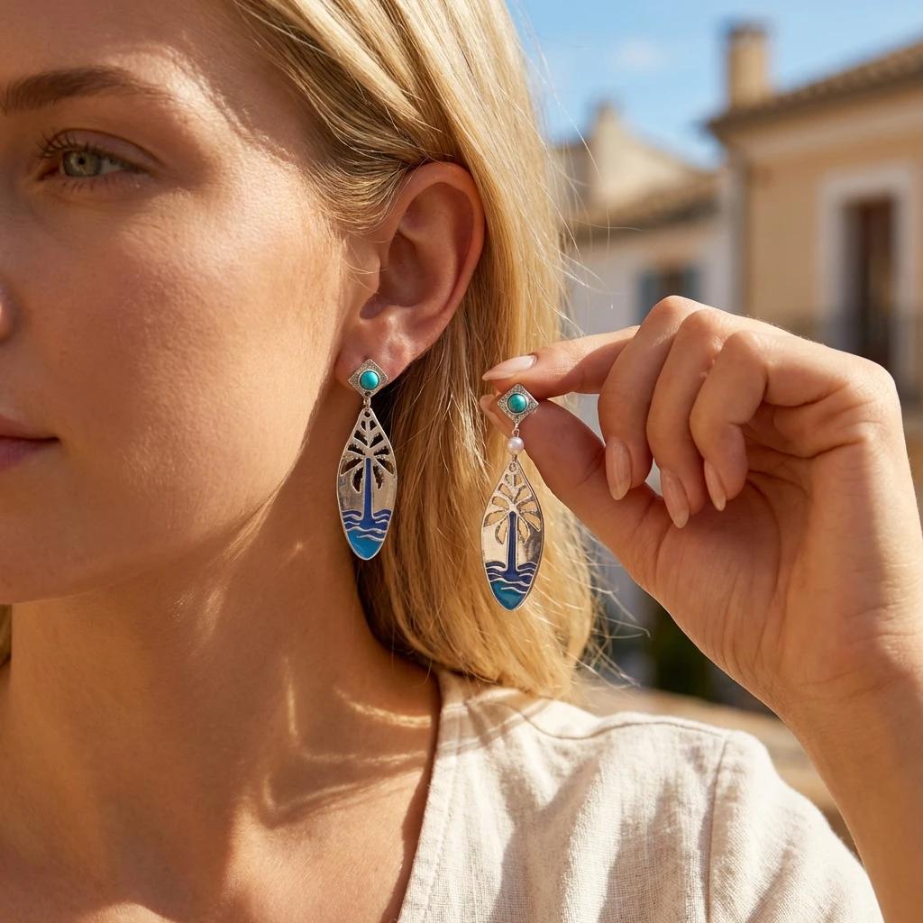 Blue Enamel Seahorse Teardrop Dangle Earrings For Women Ocean Wave Earring Silver Color Boho Summer Beach Jewelry