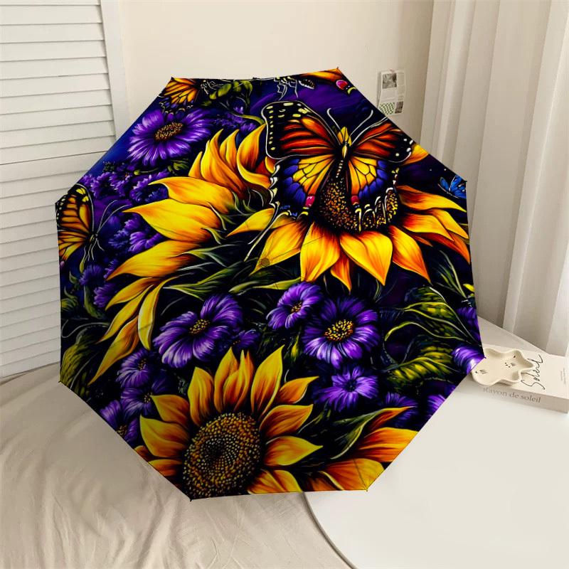 

1PC Butterflies Sunflowers Umbrella-8-Rib Reinforced Portable Folding Travel Suitable for All Seasons Outdoor Daily Use -J0410