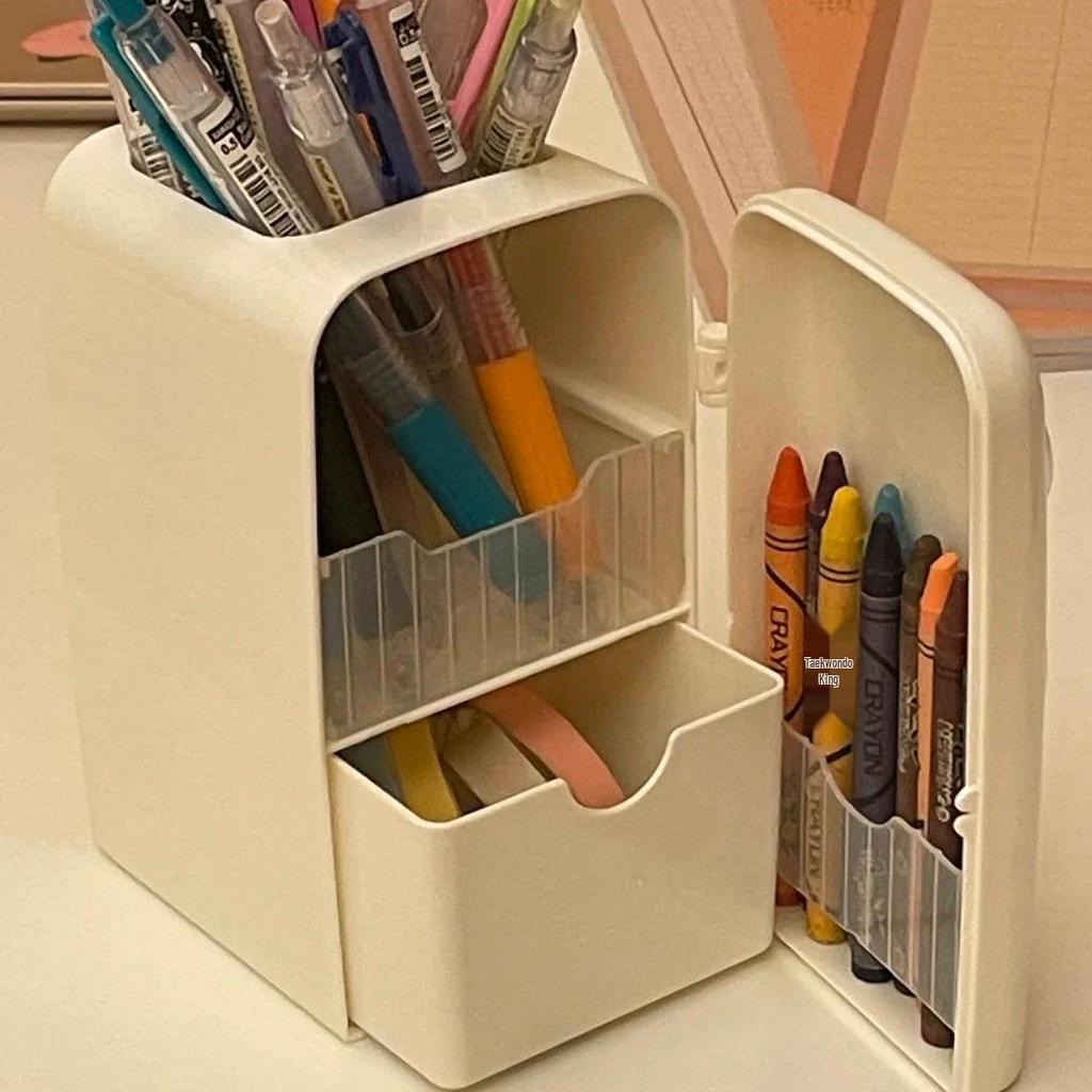 Cute Mini Refrigerator Pen Holder: Large Storage Tube for Student Girl's Desk, Multifunctional and Sweet Stationery Organizer.