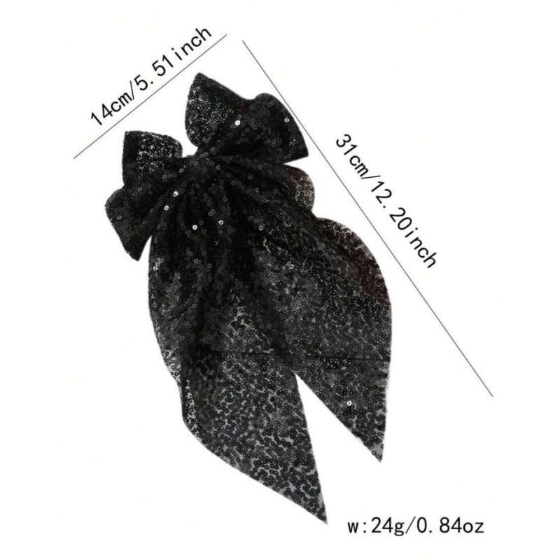 Fashionable Sequined Bow Spring Clip Mesh Ribbon Hair Clip Elegant Christmas and New Year Party Hair Accessory