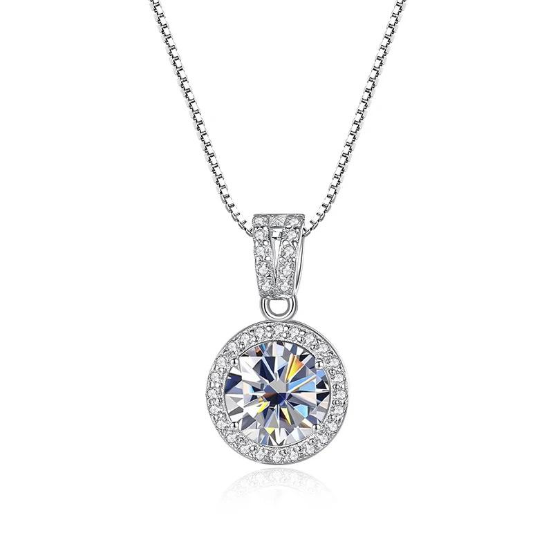 6.5mm S925 Sterling Silver Round Halo Pink Moissanite Pendant Necklace Fine Jewelry For Women