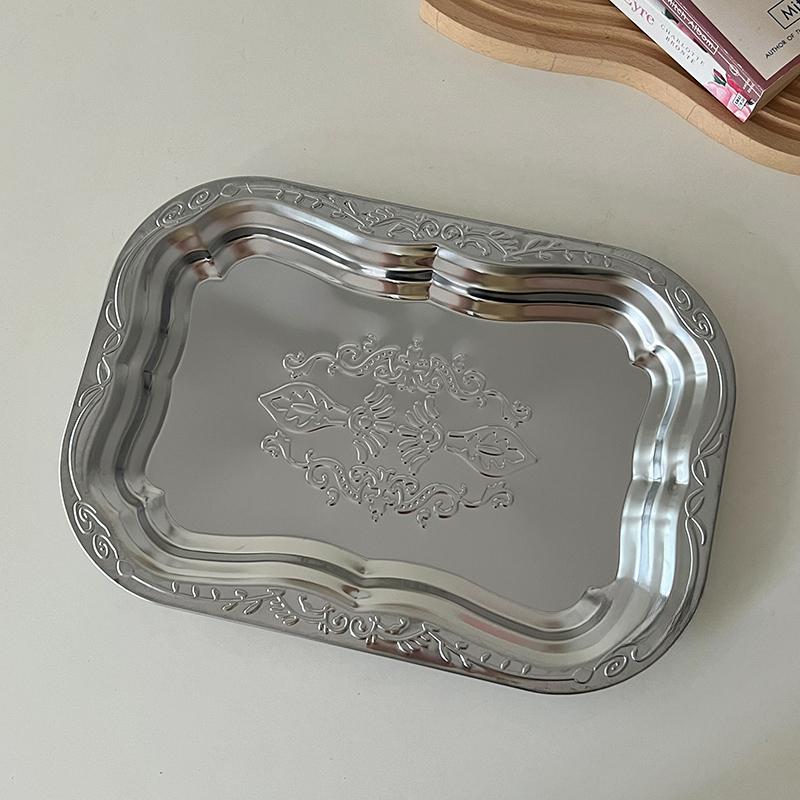 Vintage Taca Ze Stali Nierdzewnej Kwiatowo Tłoczone Tace Do Serwowania Deseru Prostokątny Talerz Do Przechowywania Biżuterii Narzędzie do Dekoracji Domu
