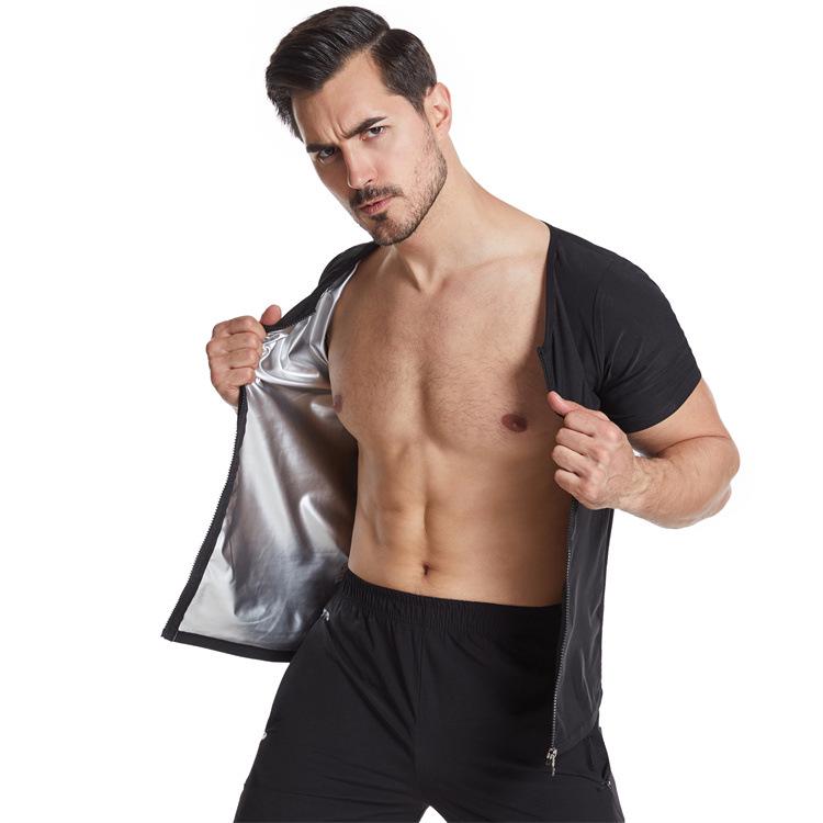 Men's Silver-Coated PU Sauna Suit: Body Shaper Sweat-Inducing Tight-Fit Short-Sleeve Vest for Abdomen Control.
