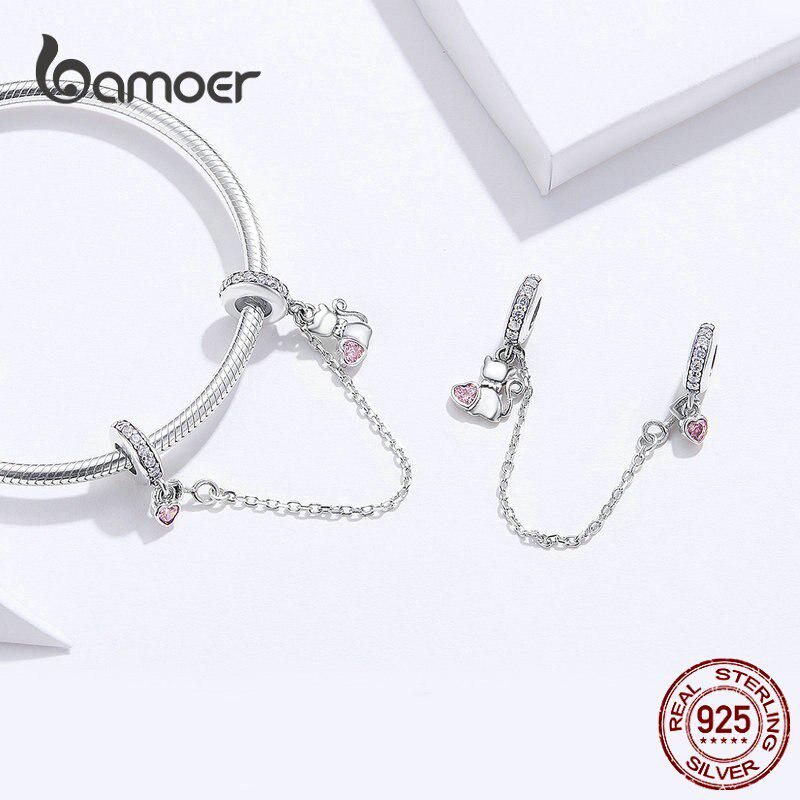 Lanț de siguranță din argint sterlin BAMOER 925, pisică, pisică, trifoi cu patru foi, se potrivește cu bijuterii originale pentru brățări