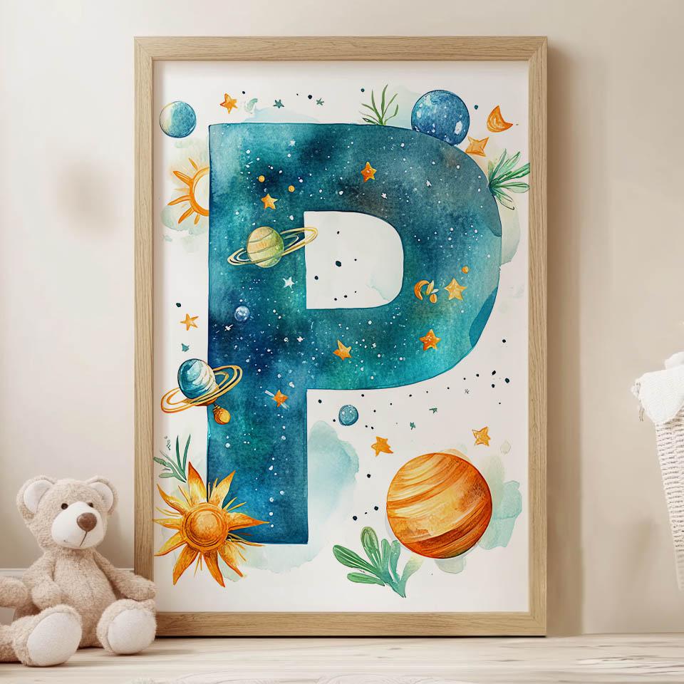 Plakat Literka P W Kosmosie Plakat Literka P W Kosmosie, 50X70 Cm, Rama Aluminiowa Złota, Papier Matowy 230 Gsm