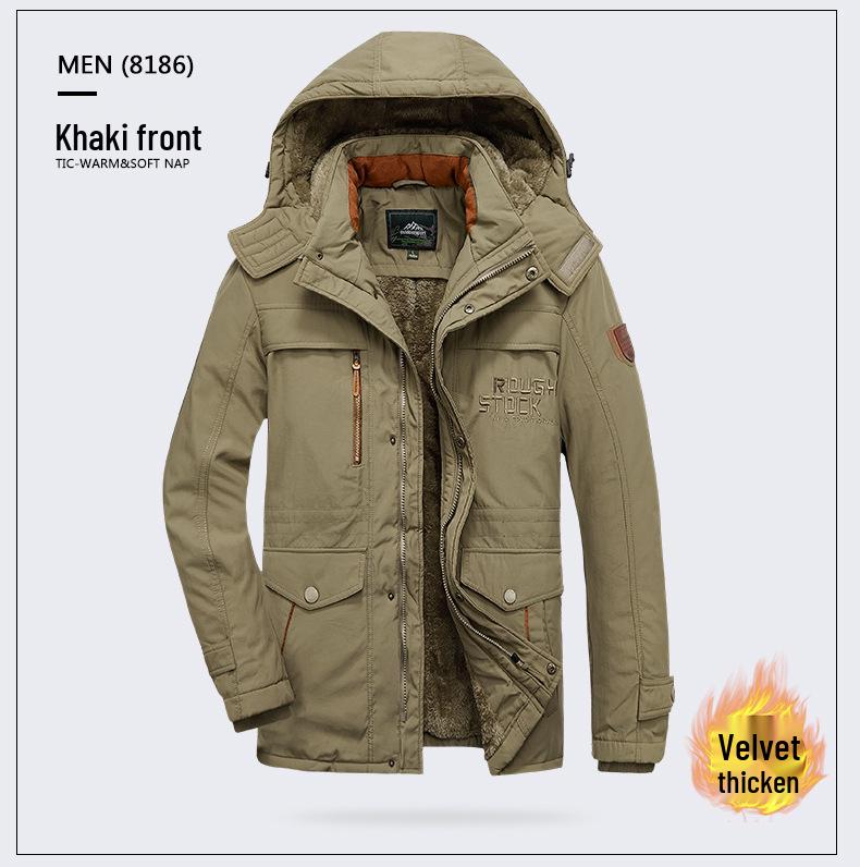Men's Fleece-Lined Cotton Jacket: Winter Casual, Multi-Pocket, Cold-Resistant, Mid-Length Coat for Middle-Aged and Elderly